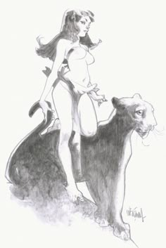 a pencil drawing of a woman standing on top of a cat with her tail up