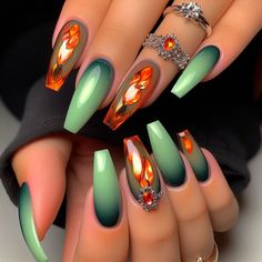 Orange And Green Nail Designs, Bedazzle Nails, Nails Black Coffin, Coffin Nails Black, Classy Coffin Nails, Coffin Nails Short