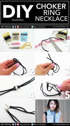 the instructions for making a choker necklace with ribbon and leather cord are shown in several different ways