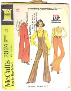 1970's High Waisted Bell Bottoms with Suspenders Sewing Pattern.  Waist 24"  Hip 34 1/2" This pattern is cut and complete. The envelope has average wear. All patterns are mailed in quality archival storage sleeves. Diy Bell Bottoms, High Waisted Bell Bottoms, Suspenders Outfit, Pants Drawing, 70s Inspired Fashion, Seventies Fashion, Competition Dress, Suspender Pants, Mccalls Patterns