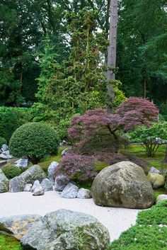 a japanese garden with rocks and trees