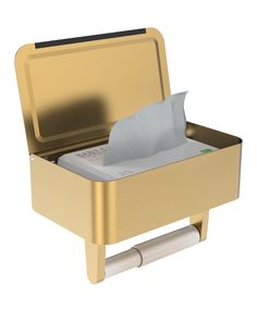 a tissue dispenser that is gold and has two rolls of toilet paper in it