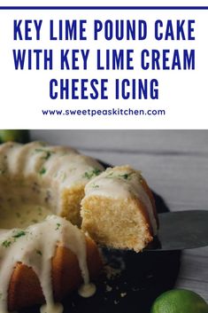 key lime pound cake with key lime cream cheese icing on a black platter