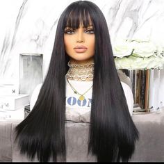 Brand New Human Hair Blend Black Straight Wig With Bang. 24 Inch Long. Beautiful And Natural Look. Can Be Straighten Or Curled And Washed. Easy To Take Care Of It And Daily Use. Black Straight Wig, Wig Color, Straight Wig, Wigs With Bangs, Natural Look, Take Care, Human Hair, Bangs, Wigs