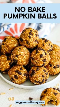 no bake pumpkin balls on a white plate with text overlay that reads, no bake pumpkin balls