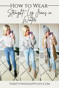 How to Style Straight-Leg Jeans in Winter - Thrifty Wife Happy Life Straight Leg High Waisted Jeans Outfit, Straight Cropped Jeans Outfit, Raw Hem Jeans Outfit, Light Jeans Outfit, Cropped Jeans Outfit, Straight Jeans Outfit, High Waisted Jeans Outfit, Straight Leg Jeans Outfits, Comfy Fall Outfits