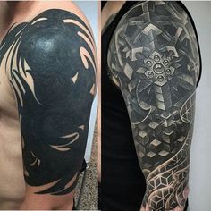 a man's arm and shoulder covered in black ink with an intricate design on it