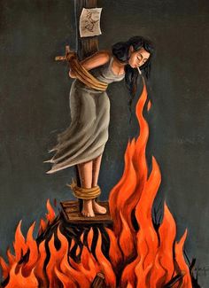 a painting of a woman standing on top of a fire with a cross in her hand