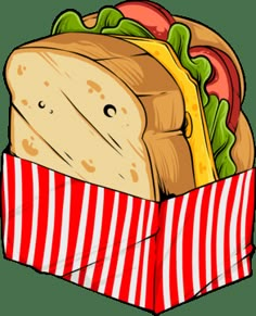 a sandwich in a red and white striped bag with yellow mustard on it's side