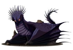 a purple dragon sitting on the ground with its wings spread out and it's eyes open