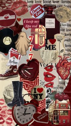 collage of various images with hearts, clocks and other things on them in red