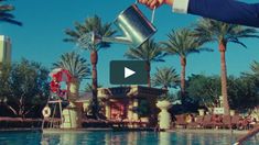 a person pouring water into a pool with palm trees in the background