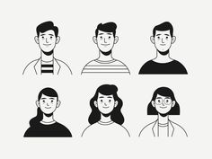 four people with different hairstyles are shown in this black and white illustration on a gray background