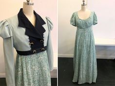 This listing is for a One of a Kind Regency Style ensemble sewn by me.  Spencer jacket was re-fashioned from an existing jacket. Cotton Lawn Dress is in aqua with a white floral print. Garment Measurements - Fits a modern size 10/12 DRESS Bust - 36" And under bust at seam 32" Bodice Length -11 3/4" Shoulder width 13" Length 55" SPENCER (Jacket) Bust 36" Shoulder width 16" Bottom opening 32" Length from shoulder 13" Sleeve length 23.5" from seam to edge Cotton dress should be hand washed.  The jacket is dry clean only.   Dress has a lace up bust in front with a panel that buttons over it with two buttons. It ties around the back. Dress is lined. Spencer has a navy silk design set into the back. Double breasted with 3 functioning buttons.  Fully lined. If you are interested in seeing the ref Jane Austen Style, Cotton Lawn Dress, Spencer Jacket, Lawn Dress, Period Outfit, Historical Dresses