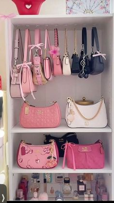 Girly Bags Aesthetic, Pink Designer Handbags, Pink Girly Accessories, Girly Bags Purses, Outfits With Pink Purse, Purse Collection Aesthetic, Pink Bag Outfit Ideas