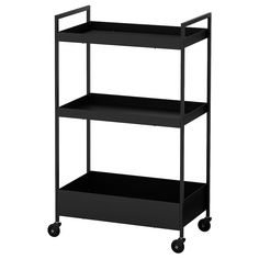 a black shelf with three shelves on wheels