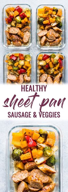 healthy sweet peal sausage and veggies in glass casserole dishes with text overlay