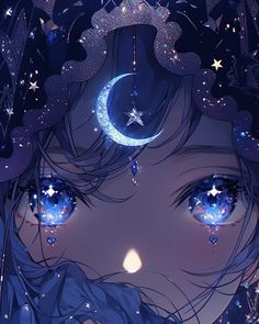 An Anime, Moon, Stars, Anime, Hair, Blue