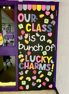 a classroom door decorated with the words our class is a bunch of lucky charms