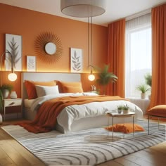 a bedroom with orange walls and white bedding in the center, surrounded by potted plants