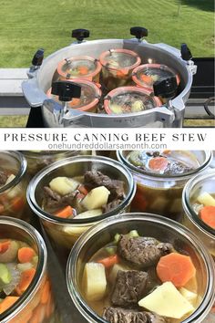 the pressure cooker is full of beef stew and carrots, potatoes, celery, and broth