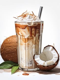 there is a drink with ice cream and coconuts next to it