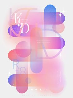 an abstract poster with different shapes and colors on it's side, including the letter d