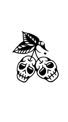 black and white drawing of two skulls with leaves on their heads, one skull has an arrow in it's mouth