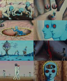 four different paintings with faces and body parts in them, one is blue the other has red eyes