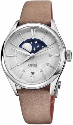 Oris Artelier Grande Lune, Date 76377234051LS-Beige Item #: 76377234051LS-BEIGE Dark Blue Sky, The Moon And Stars, Rolex Women, Watches For Women, Light Brown Leather