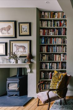 a living room filled with lots of books on top of a book shelf next to a fire place