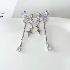 Cheap Silver Kawaii Jewelry, Affordable Silver Kawaii Jewelry, Cheap Silver Butterfly Earrings, Cheap Purple Kawaii Jewelry, Purple Gemstones, Ear Cuff Silver, Earrings Kawaii, Korean Earrings, Fancy Earrings