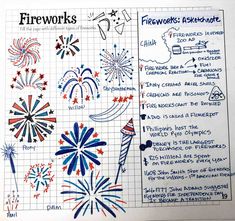 fireworks are drawn on paper with blue and red ink