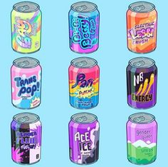 six cans of soda with different flavors and colors on the top one is pink, blue,