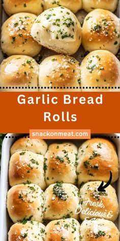 garlic bread rolls in a baking pan with text overlay