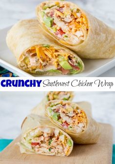 two pictures of chicken wraps on a plate