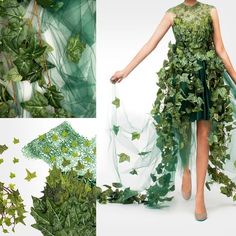 a woman in a dress made out of green leaves and ivys with her hands on her hips