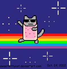 the cat is wearing a pink dress and standing in front of a rainbow - colored background