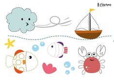 an image of cut outs for children's crafts with sea animals and boats on the water