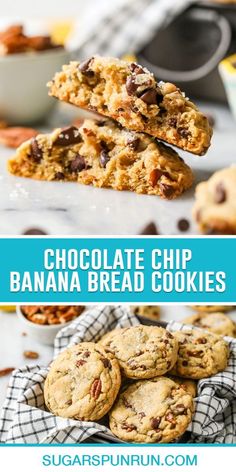 chocolate chip banana bread cookies stacked on top of each other with the title above it