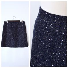 "Vintage women's skirt from 2000s. Navy blue tweed with sparkly sequins throughout. Half zip back with hook closure. Underskirt lining. Hand pockets. Mini length.  Great vintage condition LABEL Loft Petites (Ann Taylor) Tag size: 0P (zero petite) Shell: 60% Acrylic 36% Polyester 4 % Other Lining: 100% Polyester  Fits true to tag size -- Check measurements for best fit  MEASUREMENTS Waist: 13\" Hips: 17.5\" Length: 17\"  ✂ ---Items are measured laying flat seam to seam and should be doubled for bust, waist, and hips Dress form measurements: 34\"-24\"-36\" ADDITIONAL NOTES *all sales are final *vintage tag sizes may vary greatly from current sizes *vintage items are previously owned & may show signs of wear *international orders are responsible for additional customs fees imposed by your cou Sequin Pencil Skirt, Flat Seam, Blue Tweed, Tweed Skirt, Hip Dress, Dress Form, Ann Taylor Loft, Vintage Tags, Half Zip