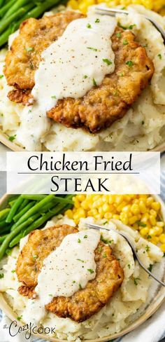 chicken fried steak served over mashed potatoes with gravy and green beans on the side