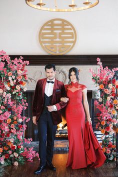 Modern Chinese Wedding Tea Ceremony. Bride is wearing a beautiful modern qipao and groom is wearing a dashing red velvet tux.  My Wedding Songbird's team of wedding planners and coordinators are here for you when you are ready to make your wedding dreams a reality! We specialize in Chinese American weddings! Chinese Qipao Modern, Chinese Wedding Tea Ceremony, Tea Ceremony Wedding, Modern Chinese Wedding, Wedding Tea Ceremony, Qipao Modern, Double Happiness Symbol, Bridesmaid Poses