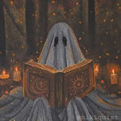 a painting of a ghost reading a book in the woods with lit candles around it