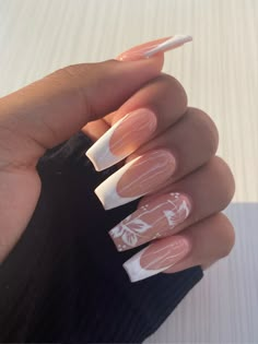 French tips with hibiscus accent nail Unghie Sfumate, Girly Acrylic Nails, French Tip Acrylic Nails, Her Nails, Classy Nails