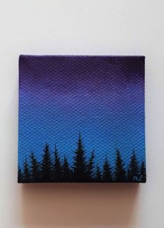 an acrylic painting of trees in the night sky with blue and purple hues