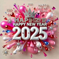 a happy new year card with balloons and confetti in the shape of a crown