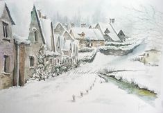 a watercolor painting of houses in the snow