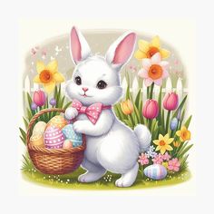 a painting of a white bunny holding an easter basket