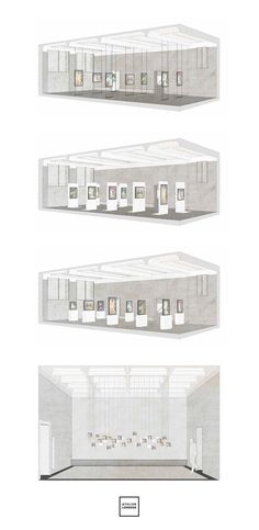 three different views of the same room in a building with multiple windows and no doors